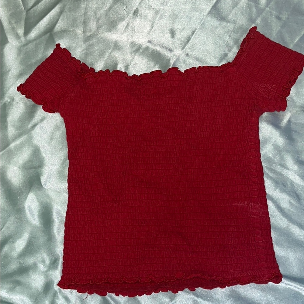 Hollister Red Short Sleeve Fitted Blouse with Ruffled Edges